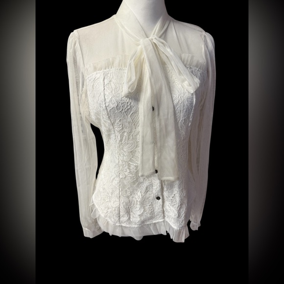 Impulsive Tops - Impulsive white lace blouse with a bow collar and sheer sleeves sz Large